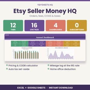 May include: A digital spreadsheet dashboard titled Etsy Seller Money HQ for tracking orders, fees, COGS, and taxes. It features 12 tabs, 16 live tiles, 4 dashboards, and 0 subscriptions. Includes an annual dashboard with sales, costs, and profit trend charts.