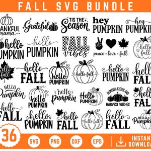 May include: A digital collection of 36 black and white graphic designs featuring fall-themed typography and illustrations of pumpkins and leaves. The text includes phrases like Fall Vibes, Hello Pumpkin, Hello Fall, and Thankful Mama, presented in various fonts.