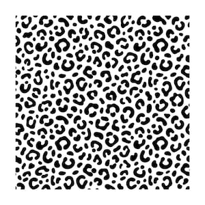 Könnte beinhalten: Ein sich wiederholendes grafisches Muster mit schwarzen Leopardenflecken auf einem einfarbigen weißen Hintergrund. Das Design besteht aus verschiedenen unregelmäßigen, C-förmigen und kreisförmigen schwarzen Markierungen, die gleichmäßig über die gesamte quadratische Fläche verteilt sind.