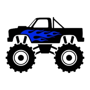 May include: A black monster truck silhouette featuring a bright blue flame graphic on the side panel. The vehicle has large, knobby tires, a high chassis, and a roll bar behind the cab. The design is presented in a flat, graphic style.