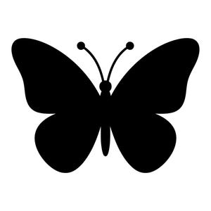 Op de afbeelding: Een effen zwart silhouet van een vlinder met symmetrische vleugels, een centraal lichaam en twee dunne antennes die omhoog steken met kleine afgeronde uiteinden. Het ontwerp is plat en grafisch, met gladde, afgeronde vleugelranden.