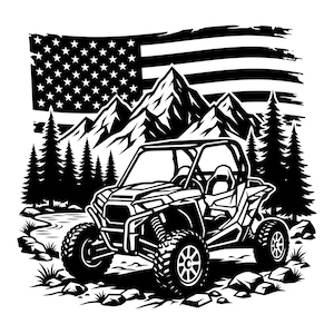Puede incluir: Una ilustración gráfica en blanco y negro que muestra un vehículo utilitario todoterreno aparcado en un paisaje montañoso con pinos y un cuerpo de agua. El fondo muestra una bandera estadounidense estilizada con estrellas y rayas.