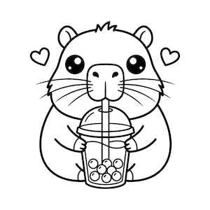 Peut inclure: Une illustration en noir et blanc au trait représentant un capybara rond tenant un gobelet en plastique avec une paille. Le capybara a de grands yeux, des moustaches et un petit nez. Deux cœurs entourent sa tête et des perles sont dans le gobelet.