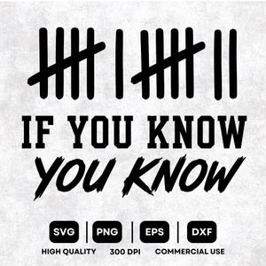 May include: A black graphic design featuring two sets of tally marks representing the number twelve, with the text IF YOU KNOW YOU KNOW below. At the bottom, four black rounded rectangles contain the white text SVG, PNG, EPS, and DXF.