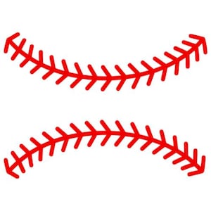 Könnte beinhalten: Zwei geschwungene Linien aus leuchtend roten Baseballnähten, die horizontal übereinander angeordnet sind. Jede Linie besteht aus einem zentralen Bogen mit kurzen, abgewinkelten, sich wiederholenden Stichen, die das klassische Muster eines Baseballs nachahmen.