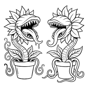 May include: A black and white line art illustration featuring two carnivorous plants in pots. Each plant has a wide, toothy mouth, a long tongue, and leafy petals. The stems are segmented, and the pots have curling vines at the base.