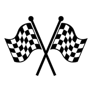 May include: A black and white graphic illustration of two crossed chequered flags. Each flag features a standard square grid pattern and is attached to a thin, straight pole with a circular finial at the top, creating a symmetrical design.
