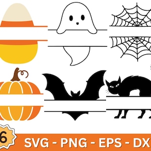 Pode incluir: Uma coleção de seis designs de Halloween com moldura dividida, incluindo um doce de milho, um fantasma, uma teia de aranha, uma abóbora, um morcego e um gato preto. Cada gráfico inclui um espaço horizontal em branco. O texto 6 SVG - PNG - EPS - DXF é visível.