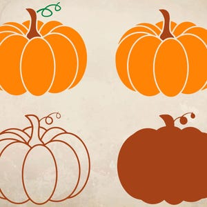 Może przedstawiać: Zestaw czterech ilustracji dyń ułożonych w siatkę. Dwie dynie są jednolicie pomarańczowe z brązowymi ogonkami, jedna to brązowy kontur dyni z kręconym wąsem, a jedna to jednolita brązowa sylwetka dyni z małym ogonkiem i wąsem.