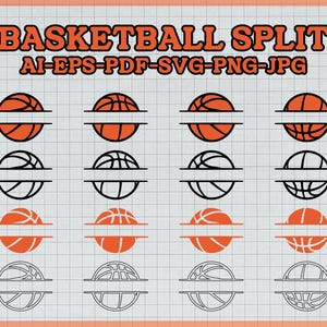 May include: A digital graphic set titled BASKETBALL SPLIT AI-EPS-PDF-SVG-PNG-JPG featuring sixteen basketball icons in four rows. Each basketball is split horizontally with a blank space for text, presented in orange, black, and outline styles.