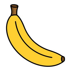 Könnte beinhalten: Eine Illustration einer leuchtend gelben Banane mit geschwungener Form, dicker schwarzer Umrandung, einem braunen Stiel an der Oberseite und einer kleinen braunen Spitze an der Unterseite. Die Frucht ist in einem einfachen, flachen Grafikstil dargestellt.
