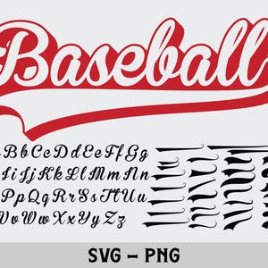 May include: A digital graphic file featuring the word Baseball in a red, script-style font with a white outline and a long underline swoosh. Below, a complete alphabet in uppercase and lowercase script letters, plus various black decorative swooshes.