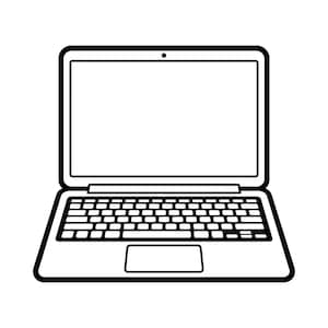 Könnte beinhalten: Eine schwarz-weiße Strichzeichnung eines Laptops. Das Gerät verfügt über einen rechteckigen Bildschirm mit einer kleinen Kameralinse in der oberen Mitte, ein vollständiges QWERTY-Tastaturlayout und ein rechteckiges Touchpad unter den Tasten.