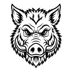 Peut inclure: Une illustration graphique en noir et blanc représentant une tête de sanglier. Le dessin présente une vue de face de l'animal avec des défenses incurvées et pointues, des oreilles dressées et une expression sévère aux lignes nettes.