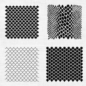May include: A set of four square patterns featuring black and white designs. The top left shows solid black scales, the top right displays a black snakeskin texture, the bottom left features thin black wavy lines, and the bottom right shows black diamonds.