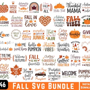Puede incluir: Una colección digital de 46 diseños SVG con temática otoñal que incluyen calabazas, hojas de otoño y tipografía estacional. Las frases incluyen Pumpkin Spice and Everything Nice, Fall Vibes, Hello Pumpkin y Welcome to Our Patch en naranja y marrón.