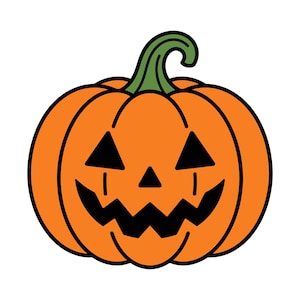 May include: A bright orange jack-o'-lantern pumpkin illustration with a thick black outline. The pumpkin features a green stem at the top and a carved face consisting of two black triangular eyes, a small triangular nose, and a jagged mouth.