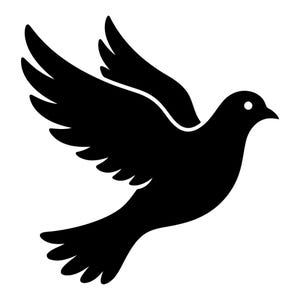 May include: A solid black silhouette of a bird in flight, depicted with wings spread wide and feathers clearly defined. The bird is oriented toward the right, featuring a small circular white eye and a pointed beak, presented as a graphic icon.