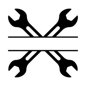 May include: A black graphic design featuring two crossed wrenches positioned above and below a central horizontal blank space. The wrenches are depicted in a solid silhouette style, creating a symmetrical composition with a clear gap for text.
