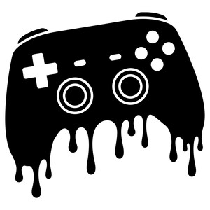 Könnte beinhalten: Eine schwarze grafische Illustration eines Videospiel-Controllers mit einem tropfenden Farbeffekt an der Unterkante. Das Design umfasst ein weißes Steuerkreuz, zwei kreisförmige Analogsticks und vier kreisförmige Aktionstasten auf der Oberfläche.