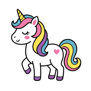 Op de afbeelding: Een illustratie van een witte eenhoorn met een gele hoorn, roze wangen en een veelkleurige manen en staart met roze, gele, blauwe en paarse lokken. De eenhoorn heeft een klein roze hartje op de flank en gesloten ogen met een zachte glimlach.
