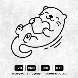 May include: A black line art illustration of a smiling otter floating on its back while holding a heart. Below the otter, four black rectangular icons contain the white text SVG, PNG, EPS, and DXF, followed by the text HIGH QUALITY 300 DPI COMMERCIAL USE.