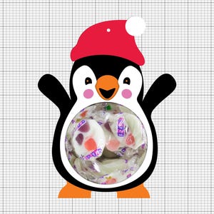 May include: A flat, die-cut penguin ornament featuring a black and white body, an orange beak and feet, and a red Santa hat with a white pom-pom. The penguin's belly is a circular clear window filled with individually wrapped round candies.
