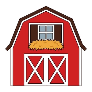 Peut inclure: Une illustration de grange rouge avec un toit brun foncé, des bordures blanches et deux portes dotées d'un motif en X blanc. Une petite fenêtre est centrée au-dessus des portes, avec un tas de foin jaune posé sur le rebord de la fenêtre.