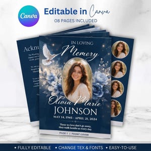 May include: A funeral programme template with a dark blue background featuring a white dove, blue floral accents, and a central oval frame for a portrait. The text reads In Loving Memory, Olivia Marie Johnson, May 14, 1945 - April 21, 2024.