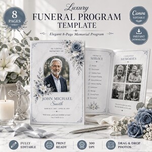 May include: An 8-page funeral program template featuring a marble background, blue floral accents, and an arched photo frame. The text includes "Luxury Funeral Program Template," "In Loving Memory Of," "John Michael Smith," and "Order of Service."