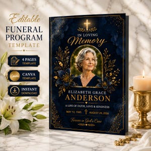 May include: An editable funeral program template featuring a dark blue background with gold floral accents, a cross, and a central oval frame containing a portrait of a woman. Text includes In Loving Memory, Elizabeth Grace Anderson, and dates.