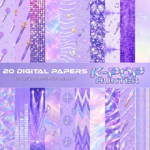 Peut inclure: Un ensemble de 20 papiers numériques aux tons violets et iridescents. Les motifs incluent des microphones, épées, notes de musique, étoiles, cœurs, formes géométriques et ondes sonores. Texte : 20 DIGITAL PAPERS 12"X 12" 300 DPI HIGH QUALITY K-POP HUNTER.