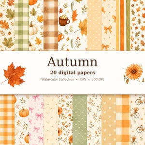 Puede incluir: Una colección de 20 papeles digitales con ilustraciones en acuarela de hojas de otoño, calabazas, tazas, bicicletas y lazos. Los patrones incluyen cuadros vichy, lunares y motivos florales en tonos naranja, verde y crema con el texto Autumn.