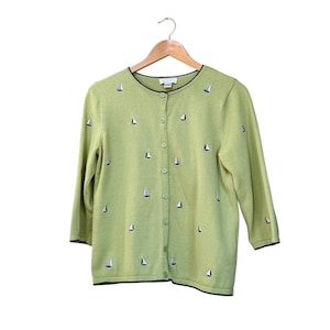 Vtg Christopher & Banks Green Sailboats 3/4 Sleeve Button M Cardigan Cottage