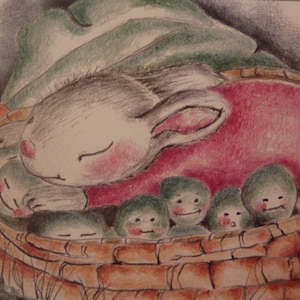 Baby bunny sleeping among carrots and peas greeting card, Heavenly Peas bunny illustration