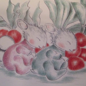 Twin baby bunnies sleeping in the radish patch Greeting card image 1