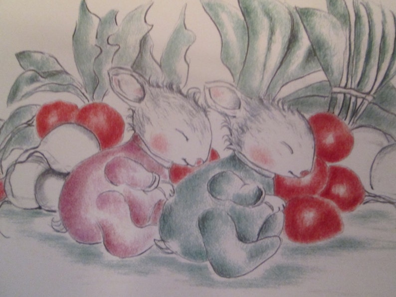 Twin baby bunnies sleeping in the radish patch Greeting card image 1