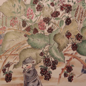 Récolte de mûre de souris Grande carte de voeux, illustration de souris, souris douces de forêt de plumb