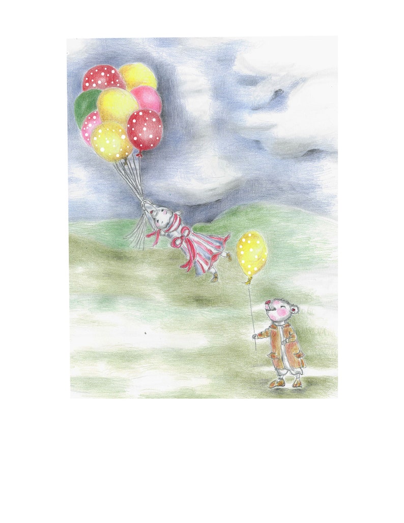 Flying high mouse with balloons greeting card image 1