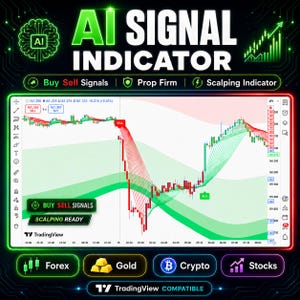 May include: A digital trading chart display titled AI SIGNAL INDICATOR featuring red and green trend lines, candlestick patterns, and buy/sell signal markers. The interface includes labels for Forex, Gold, Crypto, and Stocks, with TradingView branding.