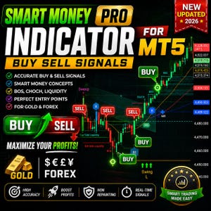 May include: A digital trading chart graphic titled SMART MONEY PRO INDICATOR FOR MT5. It displays candlestick patterns with green and red buy and sell signal labels, currency symbols, gold bars, and text listing features like accurate signals and forex.
