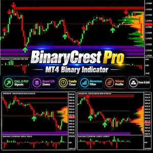 May include: A digital display for BinaryCrest Pro MT4 Binary Indicator software, featuring financial candlestick charts with red and green arrows, volume profiles, and icons for call and put signals, smart support and resistance zones, and candle timers.