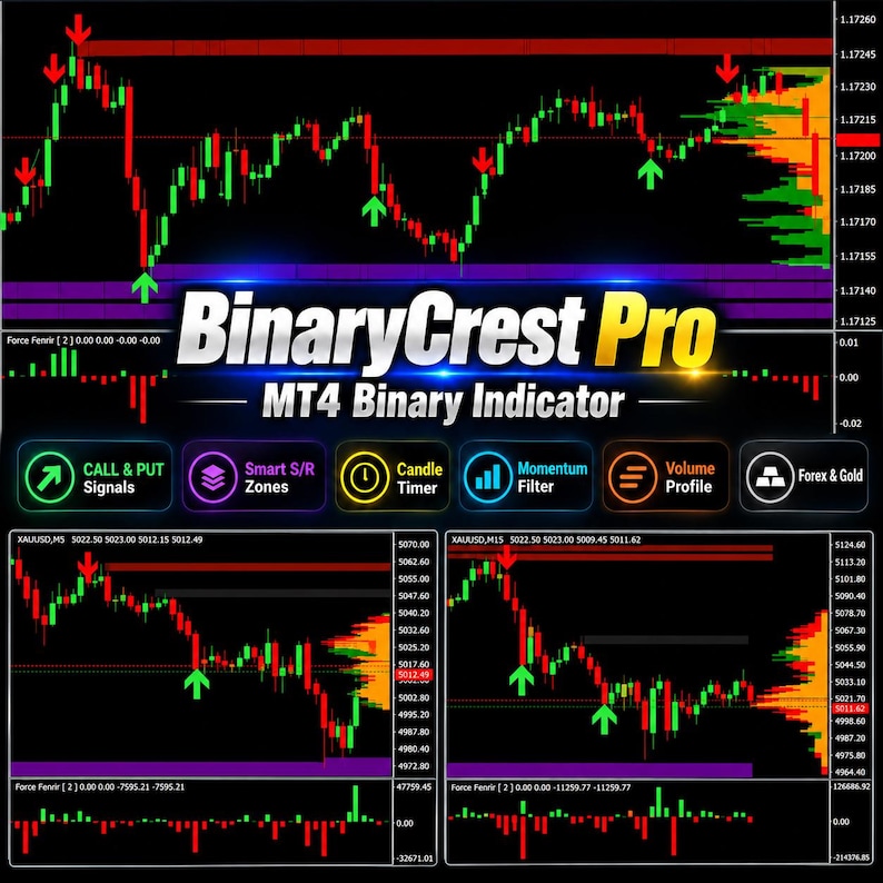 BinaryCrest MT4 Indicator | CALL/PUT Signals, Smart S/R Zones, Candle Timer (Digital)