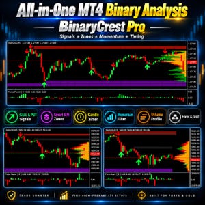 May include: A digital dashboard titled All-in-One MT4 Binary Analysis BinaryCrest Pro displaying financial trading charts with red and green candlestick patterns, directional arrows, volume profiles, and technical indicators for forex and gold.