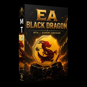 May include: A rectangular product box featuring the text EA BLACK DRAGON and MT4 | EXPERT ADVISOR in gold lettering. The design includes a central golden octagonal emblem with a dark dragon silhouette, set against a black background with fiery accents.