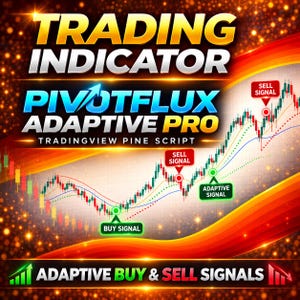 May include: A digital graphic for the PivotFlux Adaptive Pro trading indicator for TradingView Pine Script. The image features a stock market candlestick chart with buy and sell signal markers, text overlays, and a vibrant orange and red background.