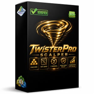 May include: A black rectangular software box featuring a gold metallic tornado graphic above the text Twister Pro Scalper. The box includes icons for MT4/MT5, a verified checkmark, a five-star rating, and five square panels detailing XAUUSD, no grid, 2 modes, prop firm ready, and 4 months live signal.