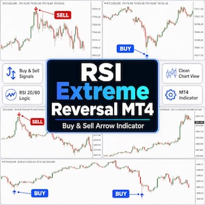 May include: A digital graphic displaying the text RSI Extreme Reversal MT4 Buy & Sell Arrow Indicator. The image features four financial candlestick charts with red sell arrows and blue buy arrows, alongside icons for signals, logic, and chart views.