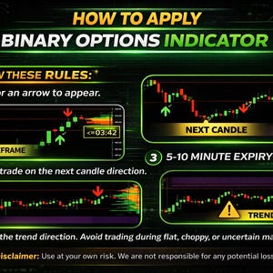 May include: An instructional graphic titled HOW TO APPLY BINARY OPTIONS INDICATOR with a dark background and green accents. It features four numbered steps with candlestick charts, red and green arrows, and text explaining trade entry rules.