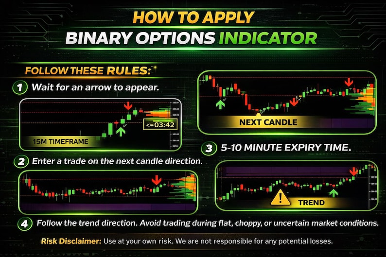 May include: An instructional graphic titled HOW TO APPLY BINARY OPTIONS INDICATOR with a dark background and green accents. It features four numbered steps with candlestick charts, red and green arrows, and text explaining trade entry rules.